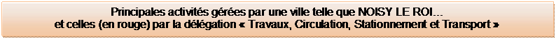 Zone de Texte: Principales activit�s g�r�es par une ville telle que NOISY LE ROI�
et celles (en rouge) par la d�l�gation � Travaux, Circulation, Stationnement et Transport �

